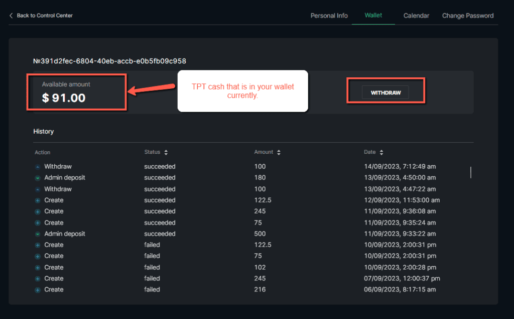 take profit trader wallet feature